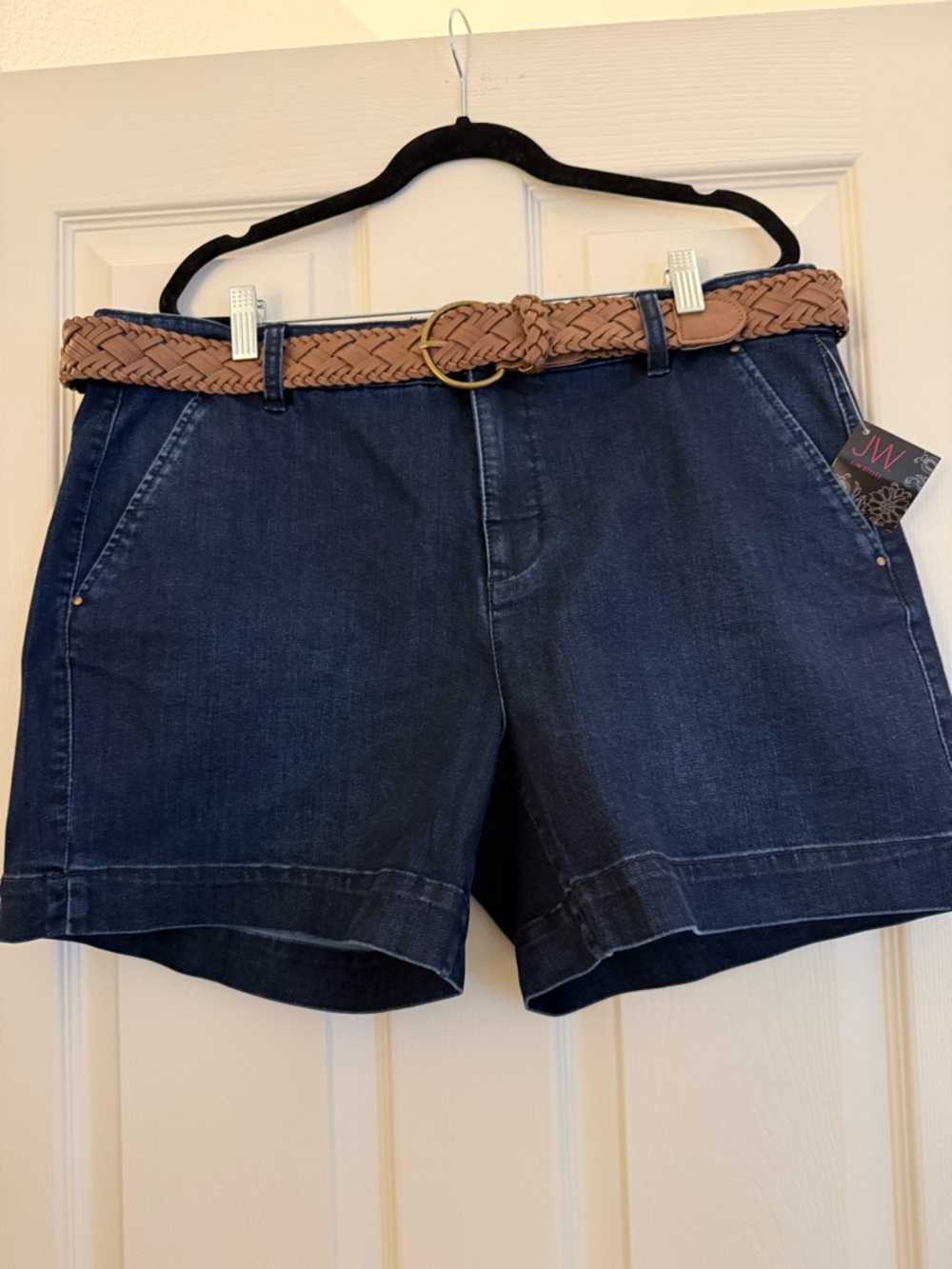 Women's Dark Blue Denim Shorts with Braided Tan Belt